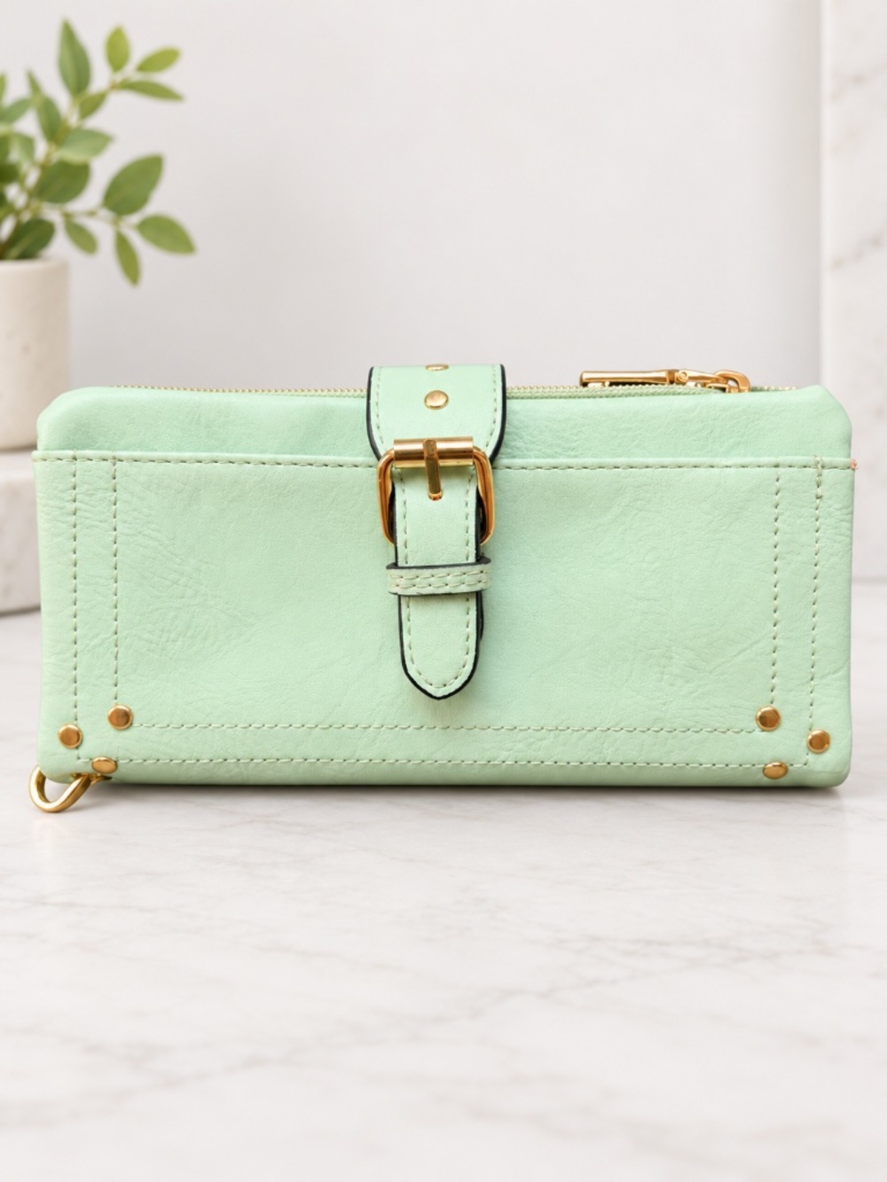 Jen & Co Mint Green Cadence Buckle Wallet Clutch Gold Hardware